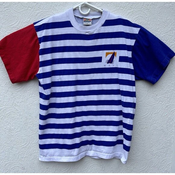 VTG 1990s Maui Hawaii Colorful Striped All Over Print Mens XL T-Shirt Sail Boat - Picture 1 of 8
